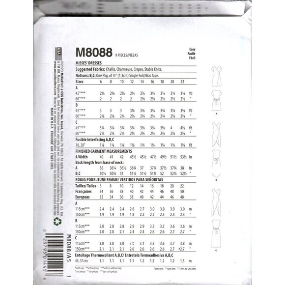 McCall's M8088 Misses 6 to 14 Mini and Maxi Dresses Uncut Sewing Pattern - Picture 2 of 2